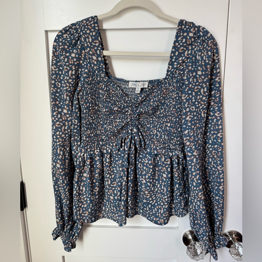 She + Sky Smocked Bodice Patterned Blouse size S